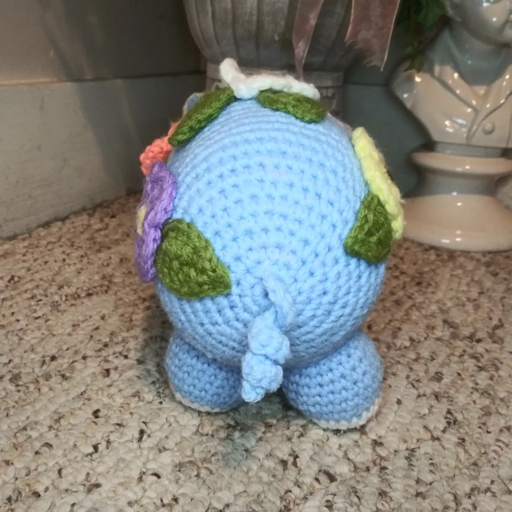 3/$18 Vtge. Blue/White Hand Crocheted Cottagecore Style Pig With Pastel Flowers